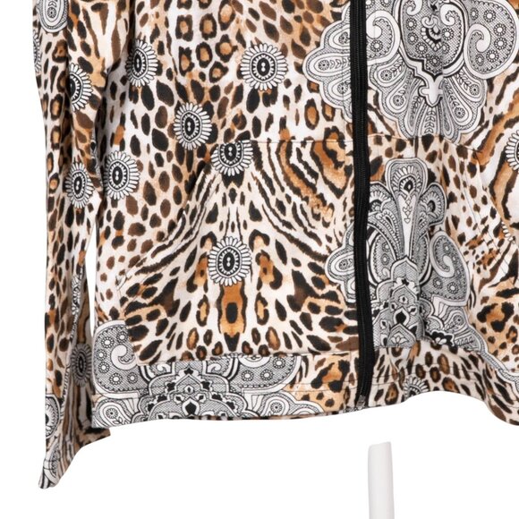 Onque Casuals Leopard Paisley Jacket L Womens Full Zip Pockets Black White Brown - Picture 2 of 4